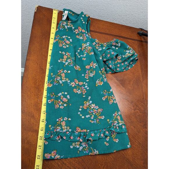 Xhilaration Floral Blouse XS Green Juniors Cold Shoulder Cutout Ruffle Keyhole - Picture 6 of 7